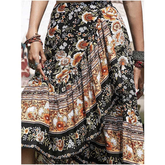 047 Bohemian Floral Paisley Print Ruffle Maxi Skirt - Picture 6 of 9